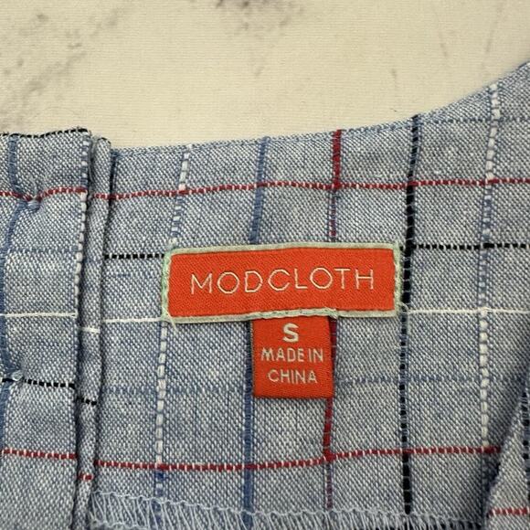 Modcloth Retro Scallop Trim Top Size S Blue Red Check Nautical Buttons Tank - Picture 5 of 11